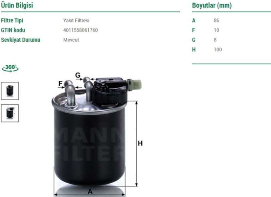 Yakıt Filtresi Mercedes A180 B180 WK820