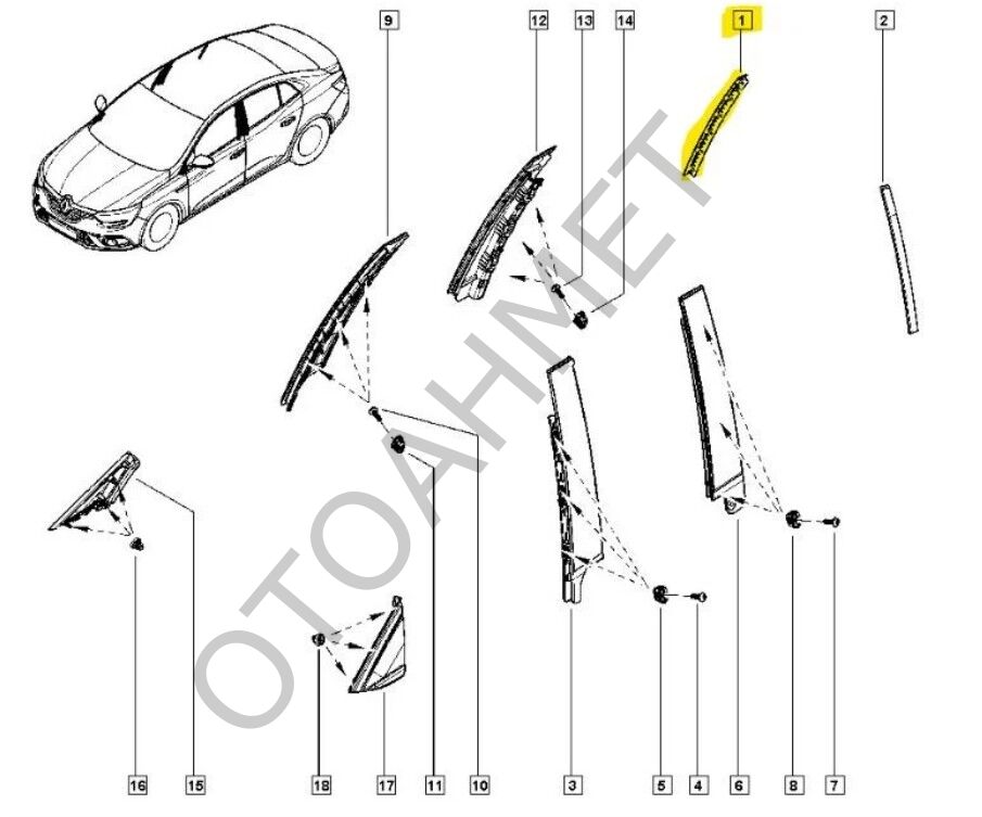 Renault Megane 4 Cam Çıtası Arka Sağ 822B49307R